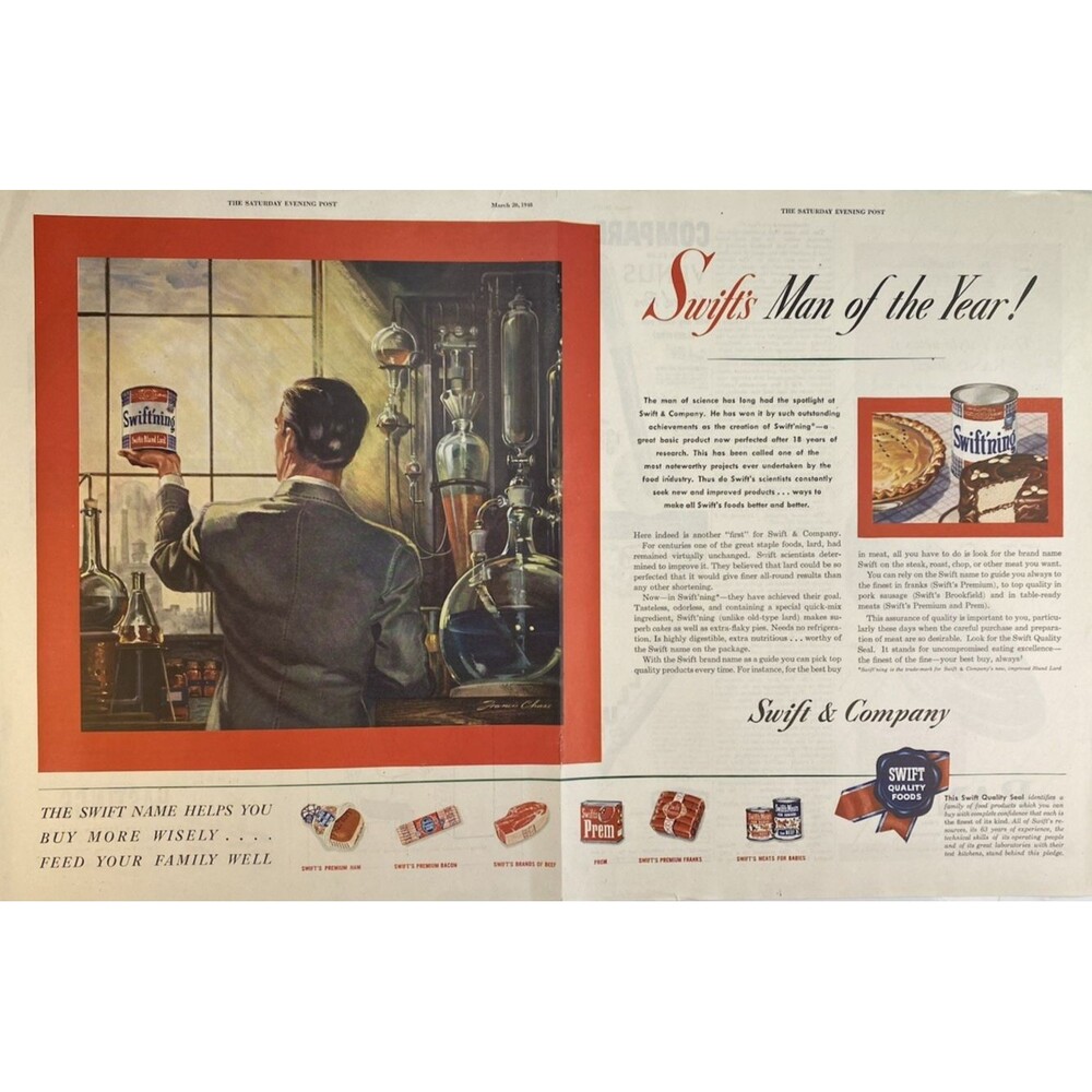 Swift Quality Foods "Scientist in Lab- Our Man of the Year" 2-page Print Ad 1948